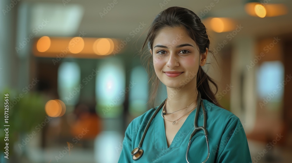 Confident Young Female Doctor In Green Scrubs With Stethoscope, Medical Healthcare Professional Confident Young Female Doctor In Green Scrubs With Stethoscope, Medical Healthcare Professional