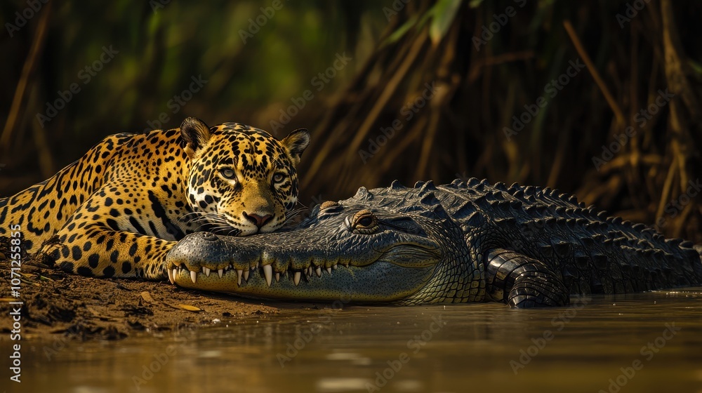 Fototapeta premium Jaguar and Caiman Sharing the Riverbank - Wildlife Photography