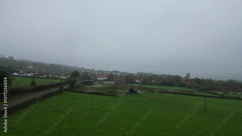 High Angle View of Countryside of Blagdon, Bristol, Avon, England UK During Foggy and Cloudy Morning.