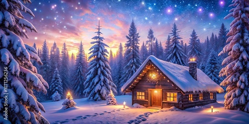 Wallpaper Mural A Cozy Cabin Nestled Amidst a Snowy Forest Under a Starry Sky, Illuminated by the Warm Glow of Lanterns and a Christmas Tree, Creating a Magical Winter Wonderland Torontodigital.ca