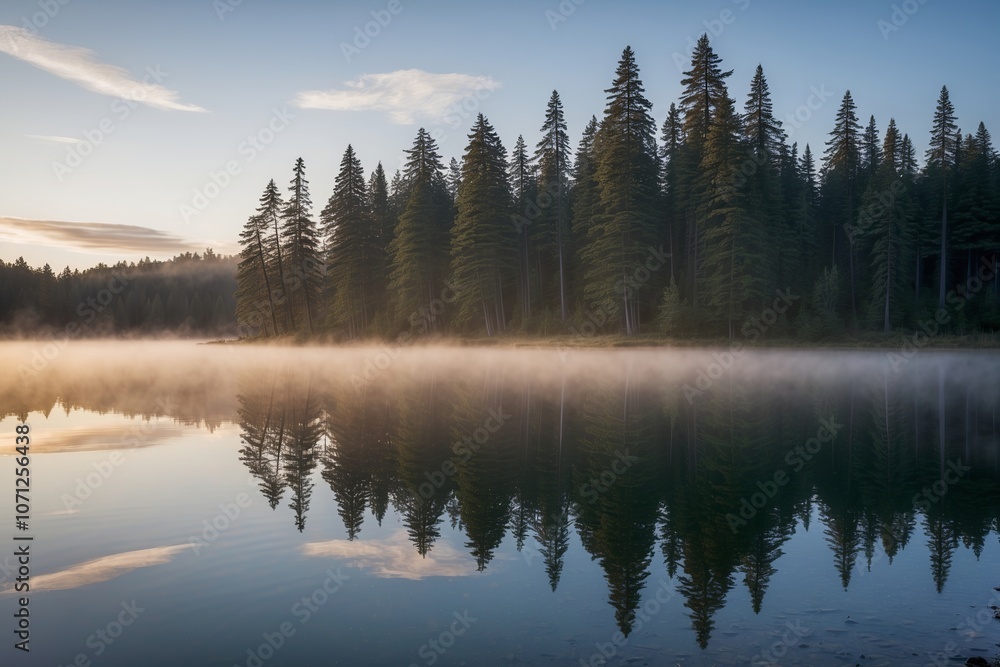 Obraz premium Tranquil lake reflecting surrounding pine trees at dawn. Created with generative AI technology