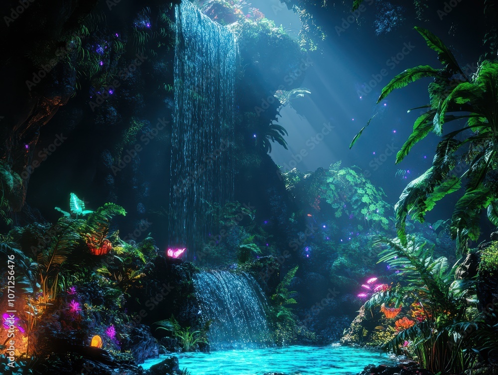 Obraz premium Enchanting Blue Waterfall with Bio-luminescent Flowers in a Lush Tropical Rainforest.