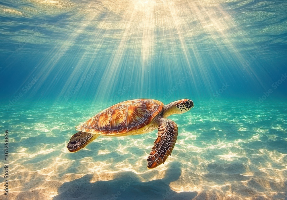 Obraz premium Majestic Sea Turtle Gliding Through Turquoise Waters