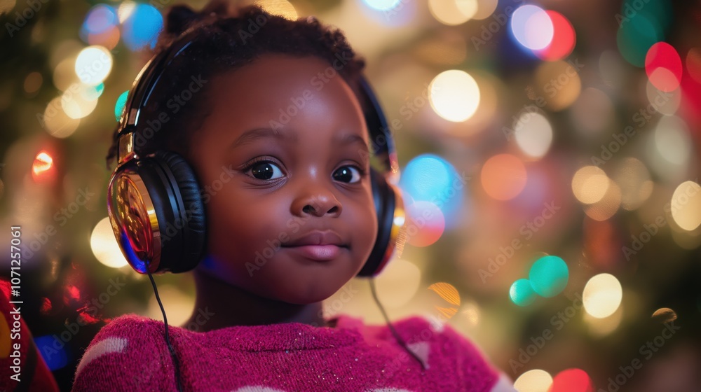 A cheerful young girl wearing colorful headphones smiles brightly, surrounded by twinkling holiday lights that create a warm, festive atmosphere, capturing the joy of the season. A cheerful young girl wearing colorful headphones smiles brightly, surrounded by twinkling holiday lights that create a warm, festive atmosphere, capturing the joy of the season.