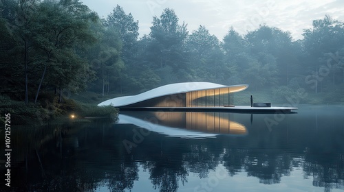 Wallpaper Mural Modern Minimalist House on a Lake in a Misty Forest at Dusk. Torontodigital.ca