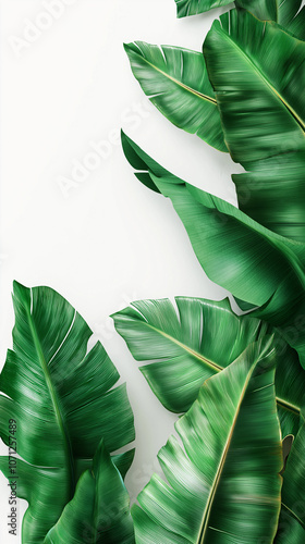 Exotic banana leaves arrangement fresh tropical natural beauty high-resolution botanical art calming green tones minimalist eco-conscious decor tranquil design,banner,clipart,backdrop,white,spcace