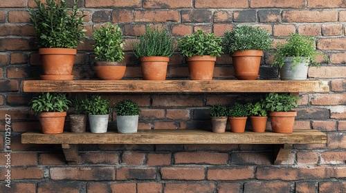 Rustic wooden shelves with potted plants against a brick wall. (1)