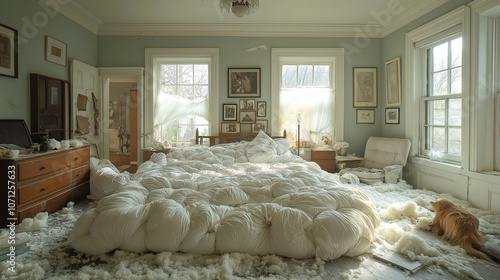 A bedroom in disarray, with feathers strewn across the floor, an oversized, rumpled duvet on the bed, and a dog resting amid the mess, bathed in soft daylight.