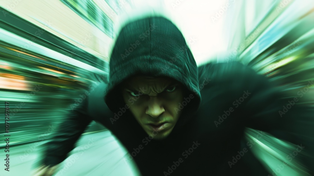 Intense Criminal in Action: Dramatic Portrait of a Man in Motion Blur Against Chaotic Urban Background Exuding Urgency and Adrenaline Intense Criminal in Action: Dramatic Portrait of a Man in Motion Blur Against Chaotic Urban Background Exuding Urgency and Adrenaline