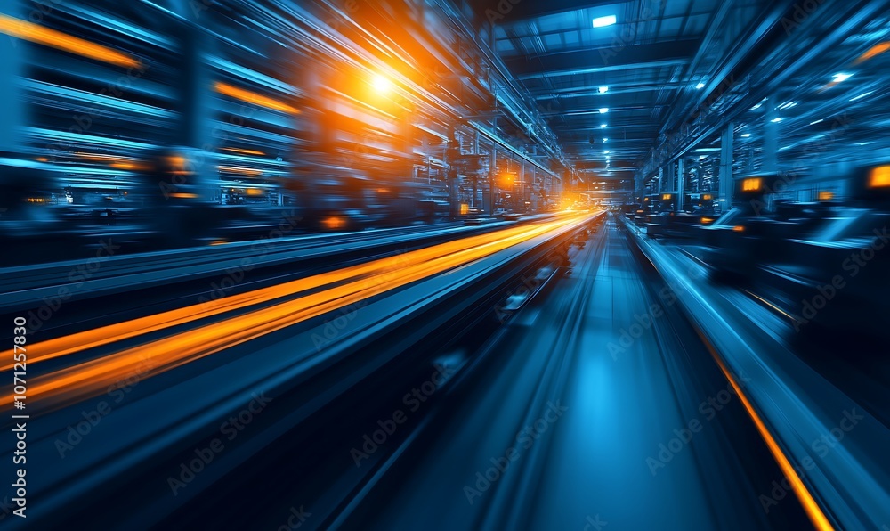 A dynamic, high-tech factory scene showcasing swift motion with blue lighting and illuminated trails, representing innovation and machinery. A dynamic, high-tech factory scene showcasing swift motion with blue lighting and illuminated trails, representing innovation and machinery.