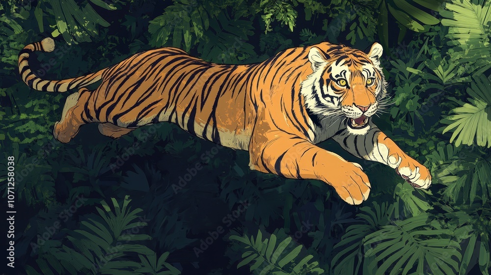 Tiger Leaping Through Dense Jungle Foliage Tiger Leaping Through Dense Jungle Foliage