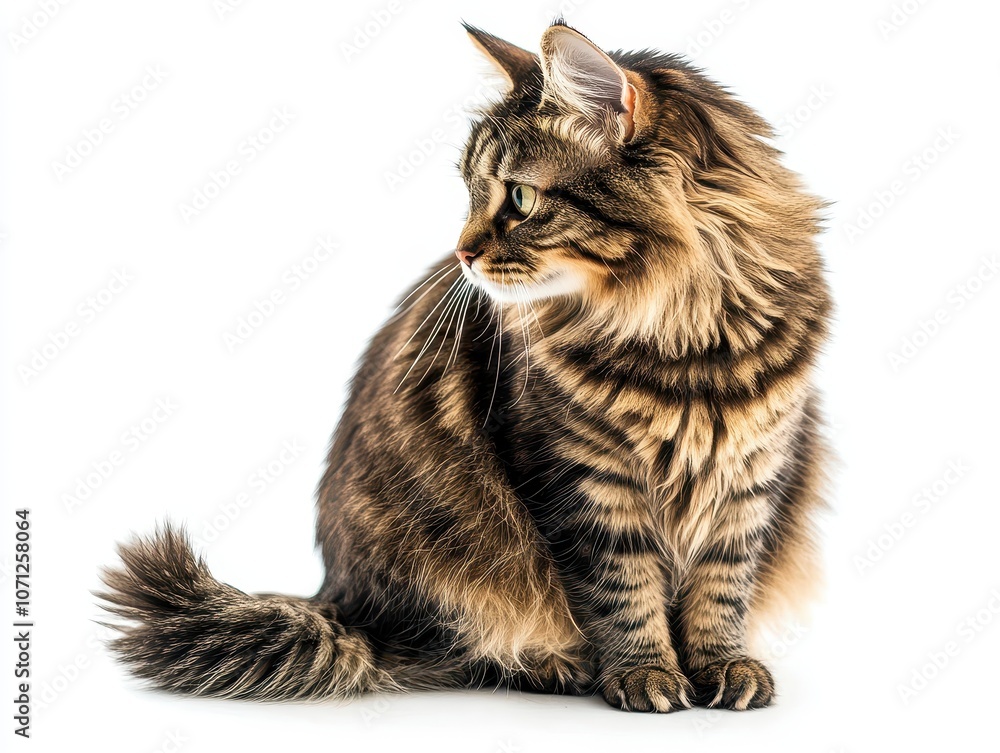 Cute Tabby Cat Sitting, Looking Off to the Side, Isolated on White Background. Cute Tabby Cat Sitting, Looking Off to the Side, Isolated on White Background.