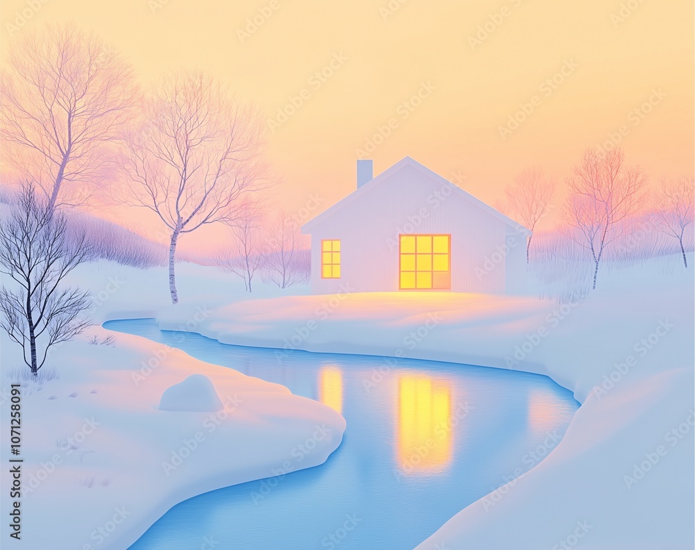 Abstract oil painting, winter home, white snow and trees, small stream flowing in front of the house, pastel sky, yellow light glowing from inside the window. Abstract oil painting, winter home, white snow and trees, small stream flowing in front of the house, pastel sky, yellow light glowing from inside the window.