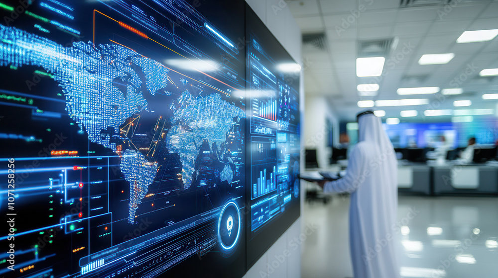 High tech UAE conference room with digital displays and global map. modern design enhances collaboration and innovation in professional environment High tech UAE conference room with digital displays and global map. modern design enhances collaboration and innovation in professional environment