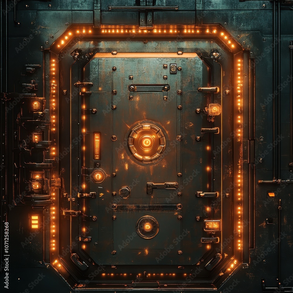 Glowing Futuristic Metal Panel with Orange Lights, Sci-Fi Background, Cyberpunk Concept. Glowing Futuristic Metal Panel with Orange Lights, Sci-Fi Background, Cyberpunk Concept.