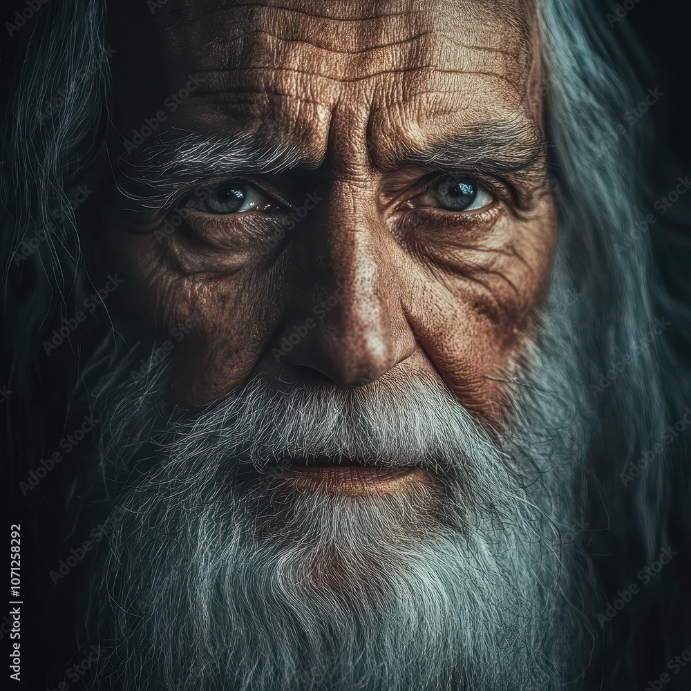Close Up Portrait of a Senior Man with a Long White Beard and Intense Eyes. Close Up Portrait of a Senior Man with a Long White Beard and Intense Eyes.