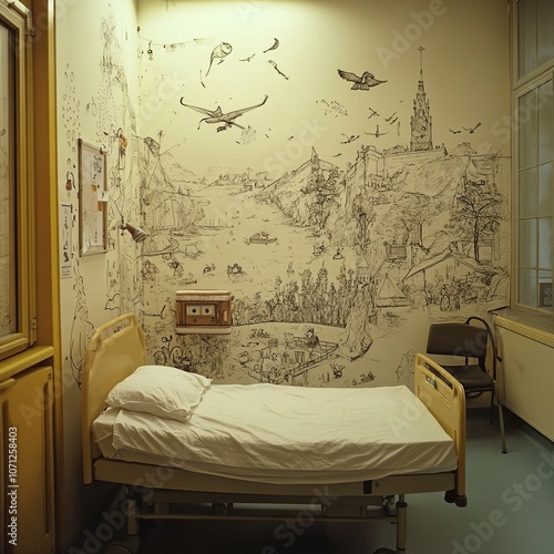 une chambre d'enfant Ã  l'hopital. elle est vide mais il y a des dessins colles sur les murs. generative ai photo