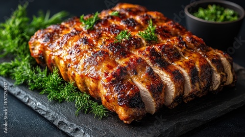 Close-up of grilled chicken breast slices on a black slate plate, garnished with fresh parsley.