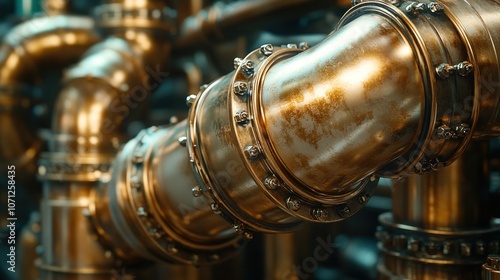 Close-up of intricate brass pipes with rivets, showcasing industrial design and steampunk aesthetic.