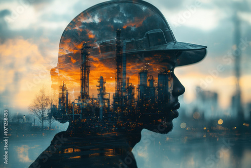 construction worker is depicted in double exposure with industrial skyline, symbolizing strength and resilience in face of challenges. vibrant sunset adds dramatic touch to scene