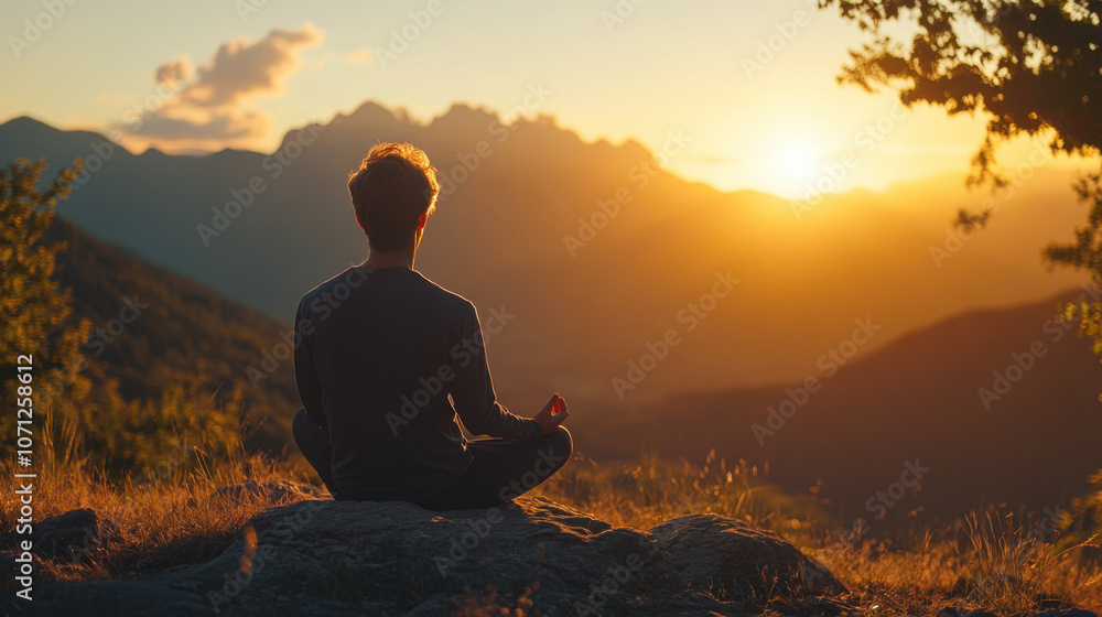 Meditation at sunset creates serene atmosphere, with person sitting peacefully on rock, surrounded by nature. warm glow of sun enhances tranquil scene, inviting sense of calm and reflection Meditation at sunset creates serene atmosphere, with person sitting peacefully on rock, surrounded by nature. warm glow of sun enhances tranquil scene, inviting sense of calm and reflection