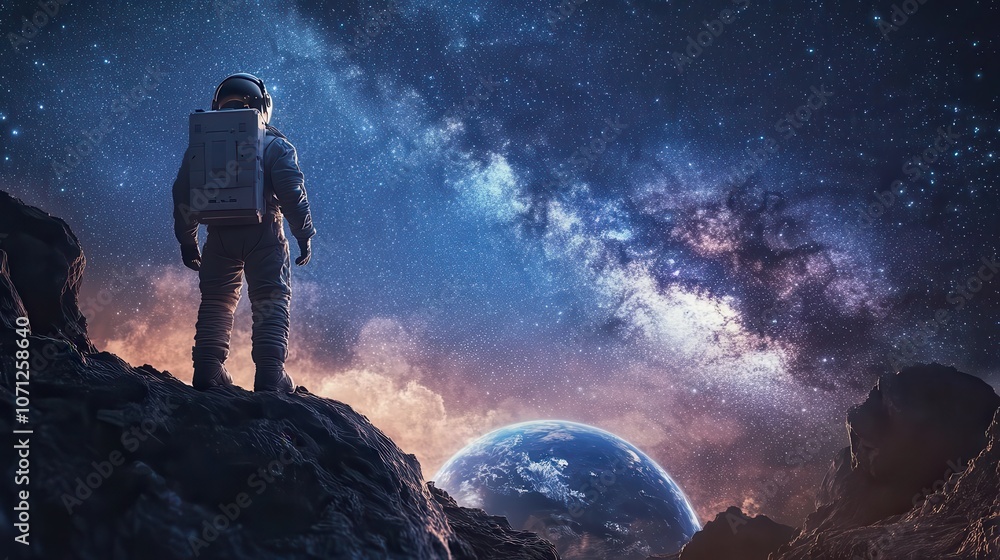 Astronaut Gazing at Earth from a Distant Planet with a Starry Night Sky and the Milky Way Galaxy in the Background Astronaut Gazing at Earth from a Distant Planet with a Starry Night Sky and the Milky Way Galaxy in the Background