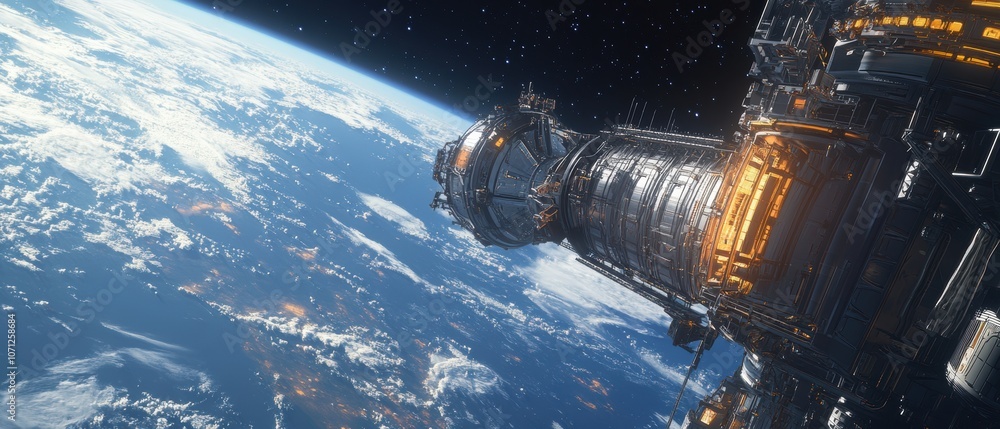 Futuristic Space Station Orbiting Earth with Stunning Cloud Formations. Futuristic Space Station Orbiting Earth with Stunning Cloud Formations.