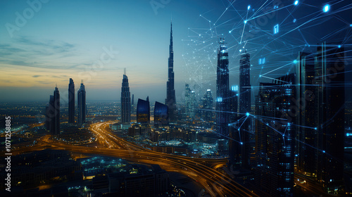 Aerial view of UAE skyline at dusk, featuring digital lines and connections. vibrant cityscape showcases modern architecture and illuminated roads, creating futuristic atmosphere
