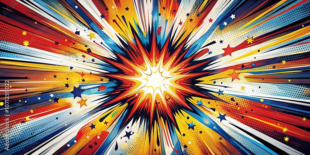 A vibrant explosion of color and light, radiating from the center like a bursting star, surrounded by a field of sparkling stars and dots, creating a dynamic and energetic visual experience. A vibrant explosion of color and light, radiating from the center like a bursting star, surrounded by a field of sparkling stars and dots, creating a dynamic and energetic visual experience.
