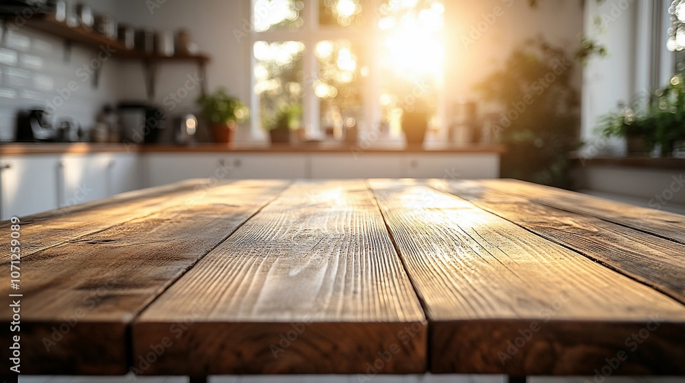 Empty wooden table in a modern kitchen with sunlight streaming through the window. Empty wooden table in a modern kitchen with sunlight streaming through the window.