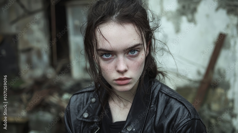 Defiant Strength - Young Woman with Striking Eyes and Leather Jacket Stands Tall in Front of Crumbling Building, Showing Resilience | Ultra-Detailed Portrait Defiant Strength - Young Woman with Striking Eyes and Leather Jacket Stands Tall in Front of Crumbling Building, Showing Resilience | Ultra-Detailed Portrait
