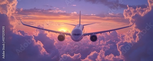 Airplane Flying in Beautiful Sunset Cloudscape photo