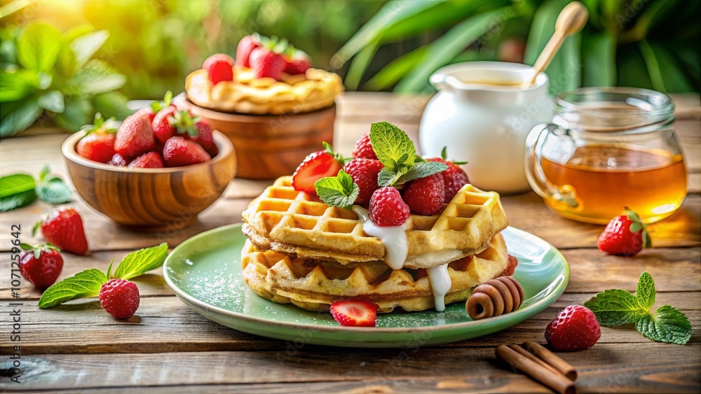 A Stack of Waffles Topped with Fresh Fruit and a Drizzle of Sweetness, Ready to Be Enjoyed A Stack of Waffles Topped with Fresh Fruit and a Drizzle of Sweetness, Ready to Be Enjoyed
