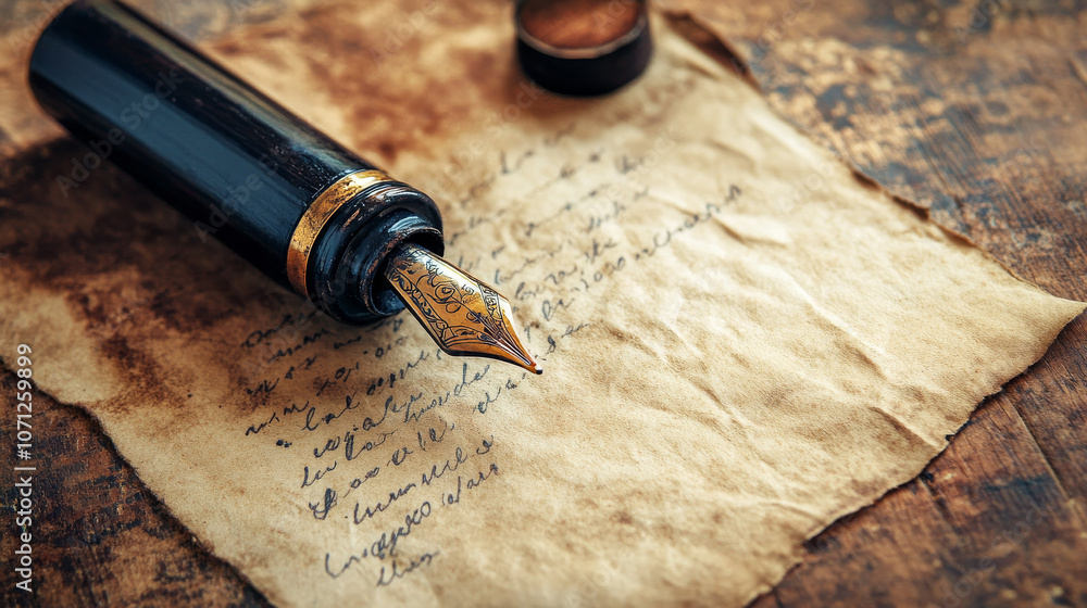 Fototapeta premium Antique Quill Pen and Aged Letter, Vintage Writing, Brown Ink, Grunge Texture, Handwritten Note
