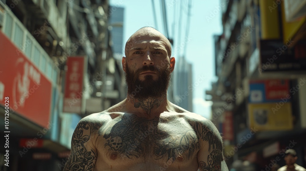 Urban Warrior: Portrait of a Tough Individual with Tattoos in an Intense Cityscape Urban Warrior: Portrait of a Tough Individual with Tattoos in an Intense Cityscape