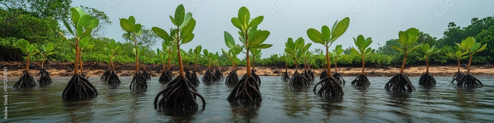 Vibrant Mangrove Seedlings in Calm Water, Lush Green Foliage, Coastal Ecosystem, Nature Conservation, Tropical Climate, Young Trees, Environment, Biodiversity Vibrant Mangrove Seedlings in Calm Water, Lush Green Foliage, Coastal Ecosystem, Nature Conservation, Tropical Climate, Young Trees, Environment, Biodiversity