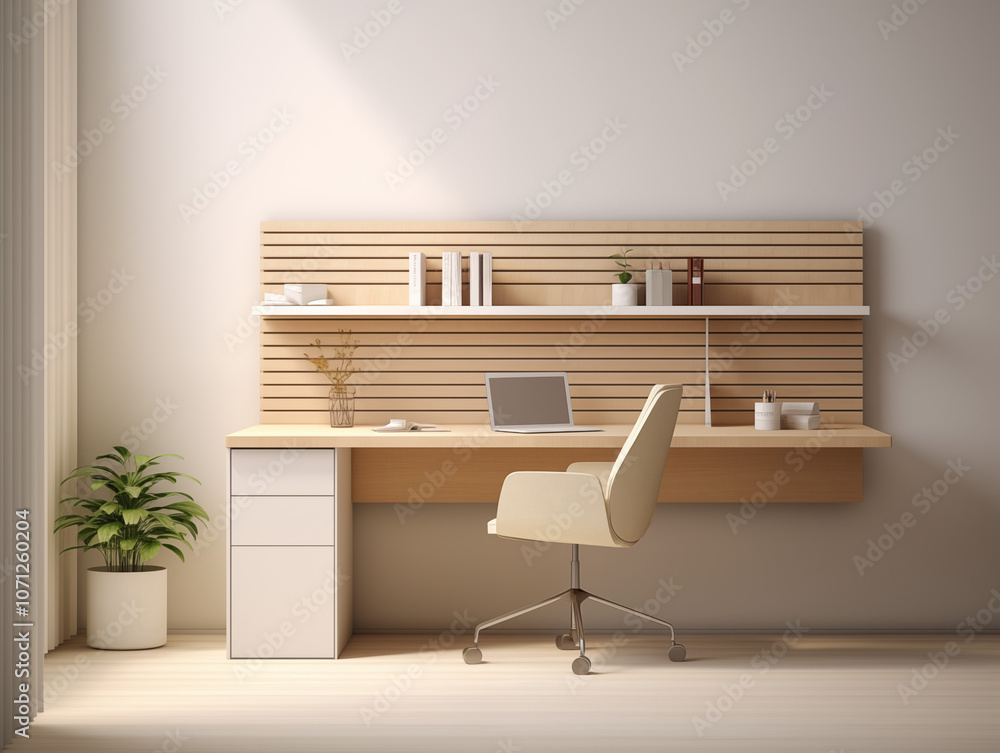 Fototapeta premium A minimalist desk with storage space and a light wood color for the furniture in an elegant modern apartment. A small white chair is placed on top of it.