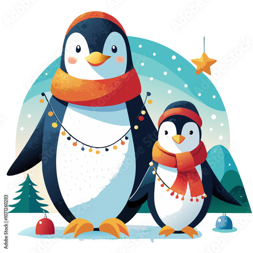 Penguin Christmas Cheer: Two adorable penguins decked out in winter wear, with festive lights, a snowy backdrop, and a twinkling star above, bring the spirit of Christmas to life.  