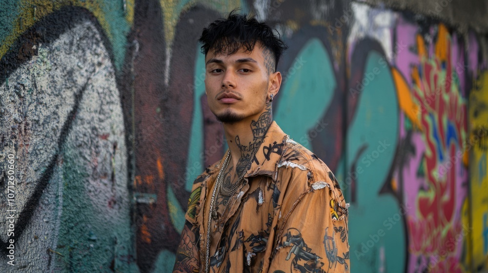 Fototapeta premium Bold Urban Style - Portrait of a Confident Young Man with Tattoos in Front of Graffiti Wall