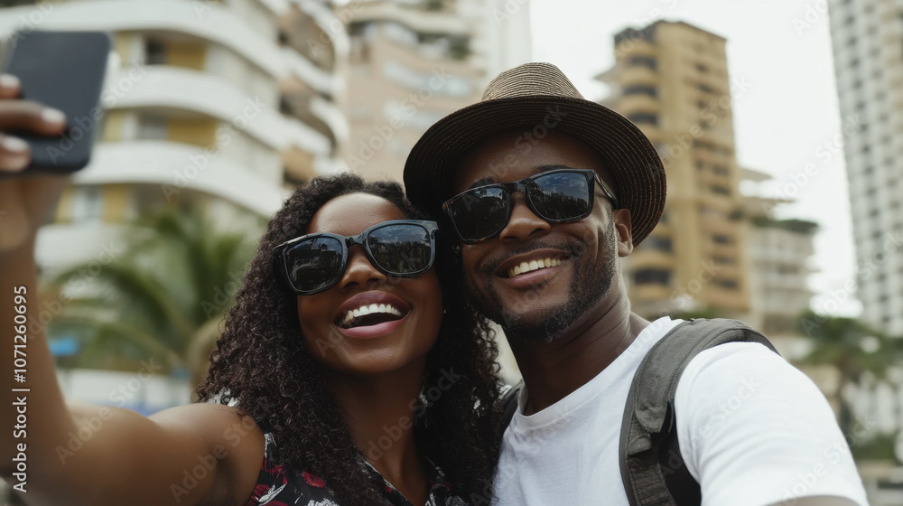 Happy tourist couple taking selfie while exploring vibrant city. They are enjoying their time together, surrounded by modern architecture and palm trees Happy tourist couple taking selfie while exploring vibrant city. They are enjoying their time together, surrounded by modern architecture and palm trees