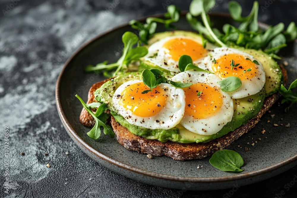 Quail eggs and smashed avocado toast with fresh watercress topping Quail eggs and smashed avocado toast with fresh watercress topping