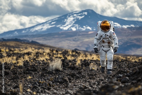 Astronaut walking on rocky terrain with mountain in background photo