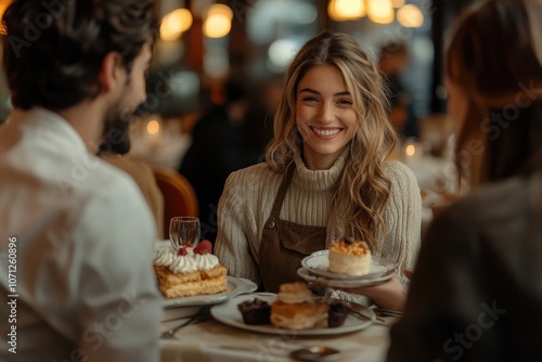 Smiling waitress serving dessert to friends in a restaurant