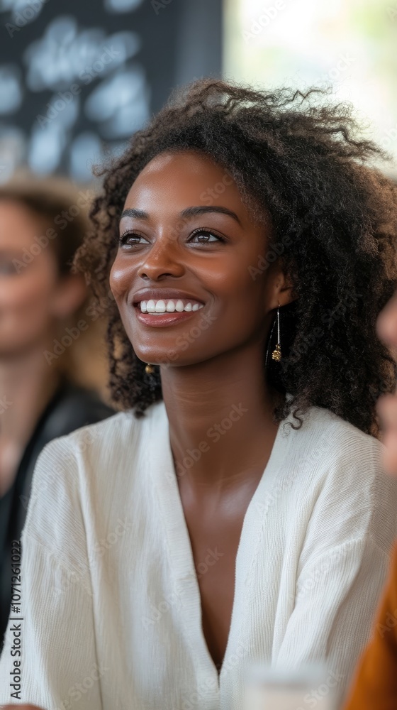 Young black woman smiling and attending a business meeting Young black woman smiling and attending a business meeting