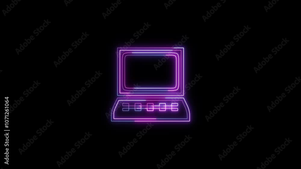 Laptop device icon glowing neon color animation black background Laptop device icon glowing neon color animation black background
