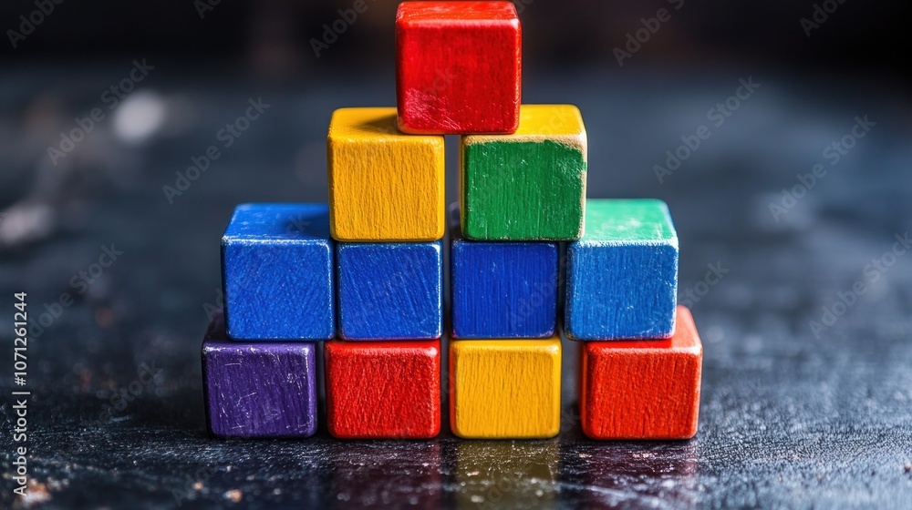 Colorful wooden blocks stacked in a pyramid shape on a dark surface. Colorful wooden blocks stacked in a pyramid shape on a dark surface.