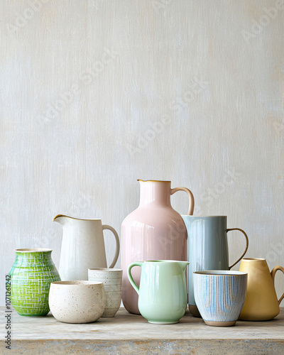 a collection of hand-blown glass jugs and vases displayed on a rustic table photo