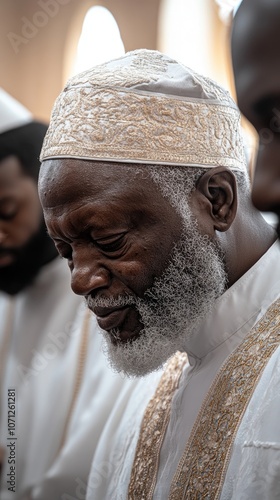 Imam praying in mosque wearing traditional kufi cap photo