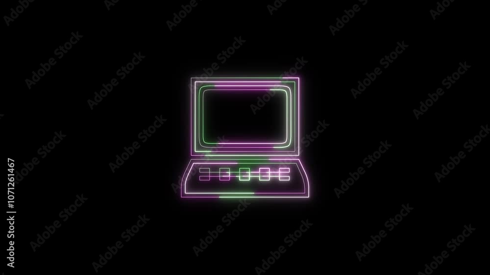 Laptop device icon glowing neon color animation black background Laptop device icon glowing neon color animation black background