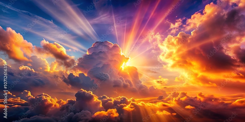 Obraz premium A celestial panorama with a brilliant golden sunrise breaking through a symphony of clouds, casting beams of light across the heavens.